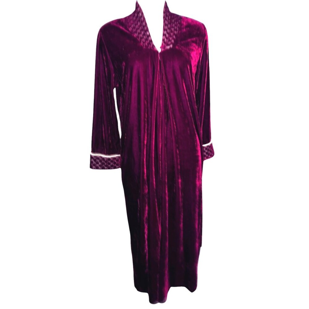 Whispers Vintage Crimson Red Velvet Long Nightgown Robe Sz Small Embroidered Tr